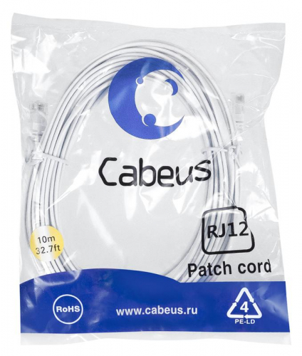 Патч-корд телефонный PC-TEL-RJ12-10m 2х6р4с PVC 10м бел. Cabeus 7892c Патч-корд телефонный PC-TEL-RJ12-10m 2х6р4с PVC 10м бел. Cabeus 7892c