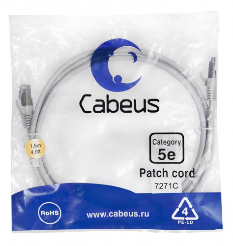 Патч-корд F/UTP кат.5E PC-FTP-RJ45-Cat.5e-1.5m 2xRJ45/8p8c экранир. PVC 1.5м сер. Cabeus 7271c Патч-корд F/UTP кат.5E PC-FTP-RJ45-Cat.5e-1.5m 2xRJ45/8p8c экранир. PVC 1.5м сер. Cabeus 7271c