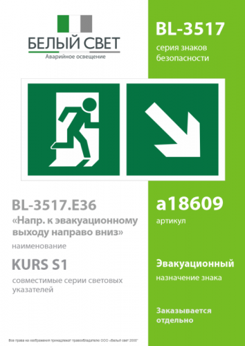 Знак безопасности BL-3517.E36"Напр. к эвакуационному выходу направо вниз" Белый свет a18609 фото 2 Знак безопасности BL-3517.E36"Напр. к эвакуационному выходу направо вниз" Белый свет a18609 фото 2