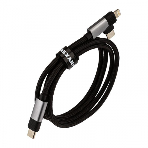 Кабель 2в1 Type-C Type-C Lightning 65Вт 1м нейлон. оплетка черн. Rexant 18-7095 фото 3