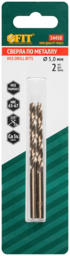 Сверло по металлу HSS с добавкой кобальта 5% Профи в блист. 5.0мм (уп.2шт) FIT 34450 фото 3