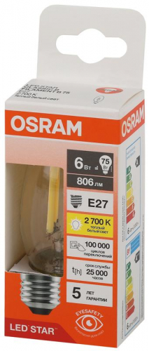 Лампа светодиодная филаментная LSCLB75 6W/827 230VFILCL 6Вт 2700К тепл. бел. E27 806лм B угол пучка 300град. 220-240В (замена 75Вт) прозр. стекло OSRAM 4058075687882 фото 2