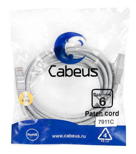 Патч-корд F/UTP кат.6 PC-FTP-RJ45-Cat.6-3m-LSZH 2xRJ45/8p8c экранир. LSZH 3м сер. Cabeus 7911c Патч-корд F/UTP кат.6 PC-FTP-RJ45-Cat.6-3m-LSZH 2xRJ45/8p8c экранир. LSZH 3м сер. Cabeus 7911c
