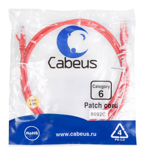 Патч-корд U/UTP кат.6 PC-UTP-RJ45-Cat.6-1.5m-RD 2xRJ45/8p8c неэкранир. PVC 1.5м красн. Cabeus 8692c
