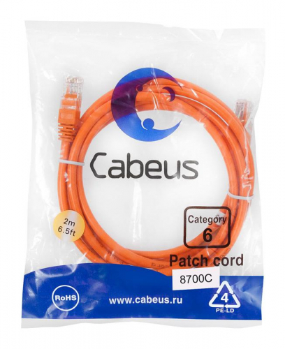 Патч-корд U/UTP кат.6 PC-UTP-RJ45-Cat.6-2m-OR 2xRJ45/8p8c неэкранир. PVC 2м оранж. Cabeus 8700c