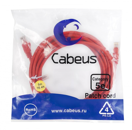 Патч-корд U/UTP кат.5E PC-UTP-RJ45-Cat.5e-5m-RD 2xRJ45/8p8c неэкранир. PVC 5м красн. Cabeus 7689c