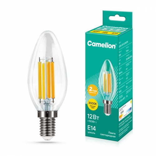 Лампа светодиодная филаментная LED12-C35-FL/830/E14 12Вт свеча прозрачная 3000К тепл. бел. E14 207-244В Camelion 13708 Лампа светодиодная филаментная LED12-C35-FL/830/E14 12Вт свеча прозрачная 3000К тепл. бел. E14 207-244В Camelion 13708