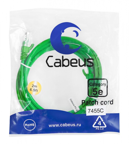 Патч-корд U/UTP кат.5E PC-UTP-RJ45-Cat.5e-2m-GN 2xRJ45/8p8c неэкранир. PVC 2м зел. Cabeus 7455c Патч-корд U/UTP кат.5E PC-UTP-RJ45-Cat.5e-2m-GN 2xRJ45/8p8c неэкранир. PVC 2м зел. Cabeus 7455c
