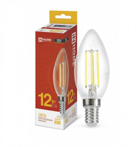 Лампа светодиодная LED-СВЕЧА-deco 12Вт 230В E14 3000К 1350лм прозрачная IN HOME 4690612053660