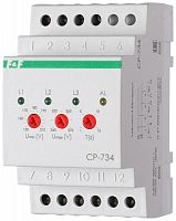 Реле напряжения CP-734 (трехфазное; контроль нижнего (150-210В) и верхнего (240-270В) порога напряжения; отдельный контакт на каждую фазу; монтаж на DIN-рейке 35мм 3х400/230 N 3х8А 3х1R IP20) F&F EA04.009.007