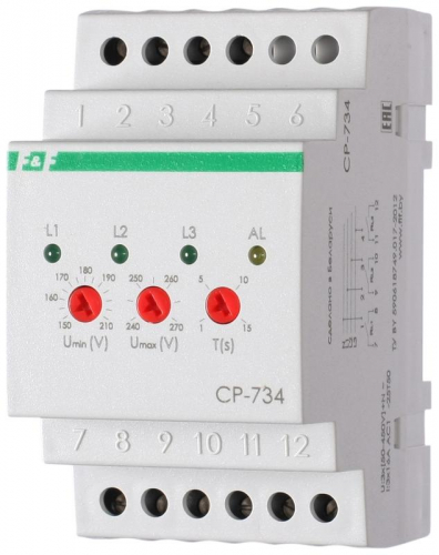 Реле напряжения CP-734 (трехфазное; контроль нижнего (150-210В) и верхнего (240-270В) порога напряжения; отдельный контакт на каждую фазу; монтаж на DIN-рейке 35мм 3х400/230 N 3х8А 3х1R IP20) F&F EA04.009.007