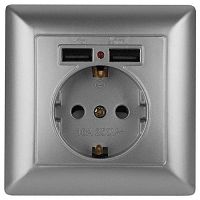 Розетка 1-м СП Solo 4-410-03 P+E Schuko 16А 250В + 2хUSB IP20 с заземл. защ. шторки алюм. Intro Б0053715