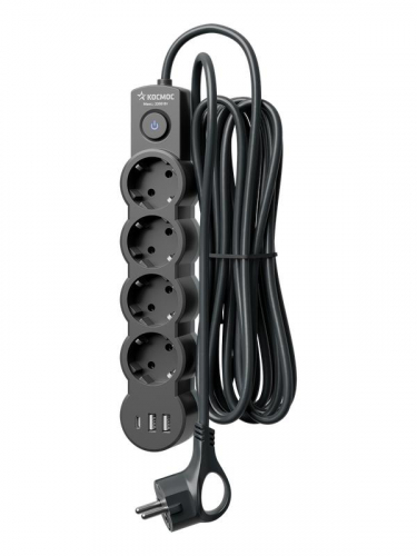 Удлинитель 4х5м с заземл. 10А IP20 USB type-Aх2 + type-C 2500Вт 220В ПВС 3х1 с выкл. черн. КОСМОС YKsm5m4g-Z-VU10А-B фото 3 Удлинитель 4х5м с заземл. 10А IP20 USB type-Aх2 + type-C 2500Вт 220В ПВС 3х1 с выкл. черн. КОСМОС YKsm5m4g-Z-VU10А-B фото 3