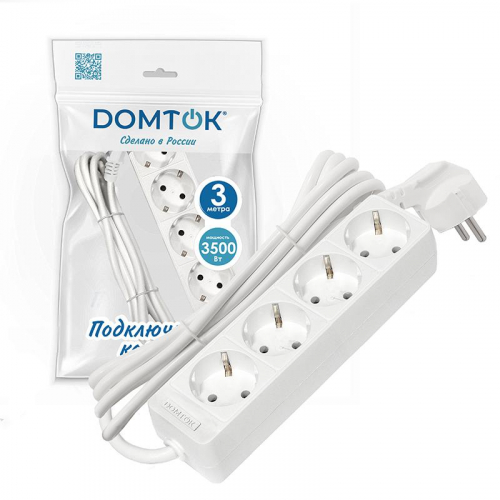 Удлинитель 4х3м с заземл. 16А IP20 3.5кВт ПВС 3х1 бел. DOMTOK 2396 фото 2 Удлинитель 4х3м с заземл. 16А IP20 3.5кВт ПВС 3х1 бел. DOMTOK 2396 фото 2