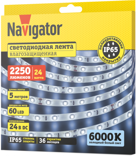 Лента светодиодная 95 300 NLS-2835CW60-4.8-IP65-24V (уп.5м) Navigator 95300 фото 2
