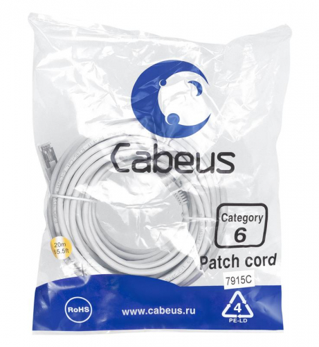 Патч-корд F/UTP кат.6 PC-FTP-RJ45-Cat.6-20m-LSZH 2xRJ45/8p8c экранир. LSZH 20м сер. Cabeus 7915c