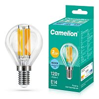 Лампа светодиодная филаментная LED12-G45-FL/845/E14 12Вт шар прозрачная 4500К бел. E14 207-244В Camelion 13713