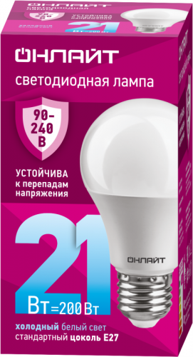 Лампа светодиодная 90 406 OLL-A60-21-230-6.5K-E27 21Вт грушевидная 6500К E27 90-240В PRO ОНЛАЙТ 90406 Лампа светодиодная 90 406 OLL-A60-21-230-6.5K-E27 21Вт грушевидная 6500К E27 90-240В PRO ОНЛАЙТ 90406