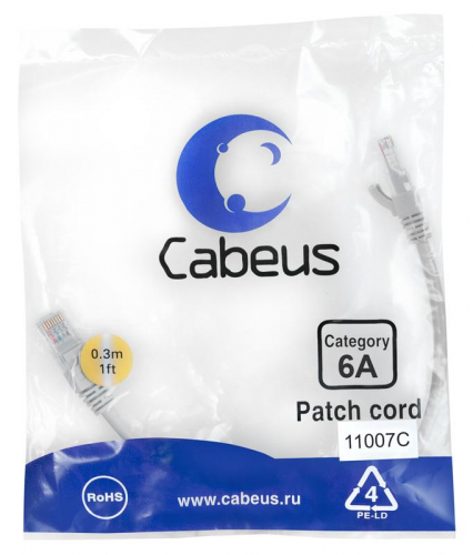 Патч-корд S/FTP кат.6A PC-SSTP-RJ45-Cat.6a-0.3m-LSZH 2xRJ45/8p8c экранир. LSZH (10G) 0.3м сер. Cabeus 11007c
