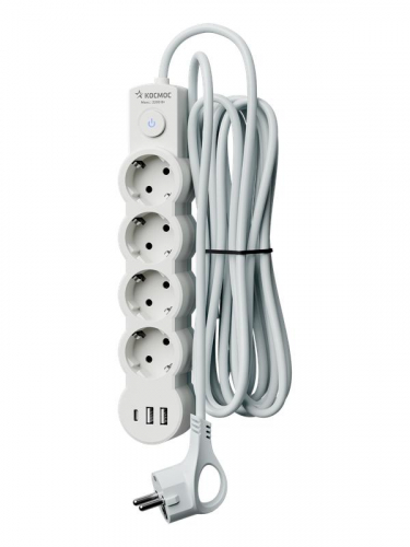 Удлинитель 4х3м с заземл. 10А IP20 USB type-Aх2 + type-C 2500Вт 220В ПВС 3х1 с выкл. бел. КОСМОС YKsm3m4g-Z-VU10А-W фото 3
