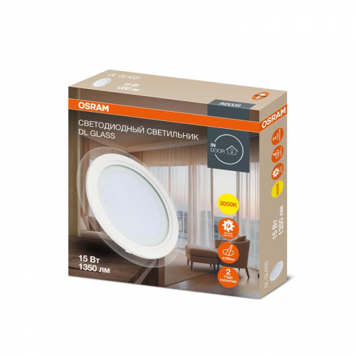 Светильник светодиодный Downlight DL GLASS 830 WT 15Вт 3000К IP20 1350лм ДВО даунлайт кругл. встраив. с декор. стеклом бел. OSRAM 4607194230747 Светильник светодиодный Downlight DL GLASS 830 WT 15Вт 3000К IP20 1350лм ДВО даунлайт кругл. встраив. с декор. стеклом бел. OSRAM 4607194230747