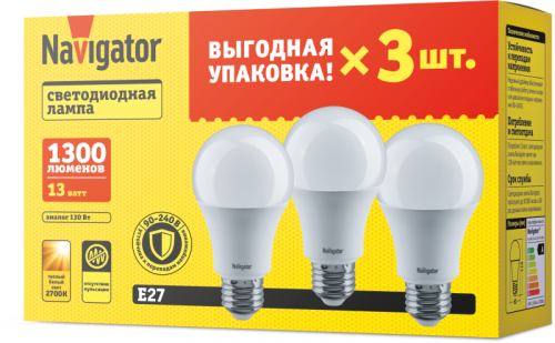 Лампа светодиодная 95 318 NLL-A60-13-230-2.7K-E27-PACK3 NAVIGATOR 95318 Лампа светодиодная 95 318 NLL-A60-13-230-2.7K-E27-PACK3 NAVIGATOR 95318