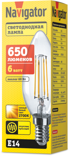 Лампа светодиодная 61 354 NLL-F-C35-6-230-2.7K-E14 6Вт свеча прозрачная 2700К тепл. бел. E14 650лм 220-240В Navigator 61354 фото 2