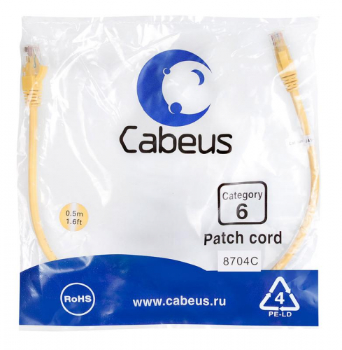 Патч-корд U/UTP кат.6 PC-UTP-RJ45-Cat.6-0.5m-YL 2xRJ45/8p8c неэкранир. PVC 0.5м желт. Cabeus 8704c Патч-корд U/UTP кат.6 PC-UTP-RJ45-Cat.6-0.5m-YL 2xRJ45/8p8c неэкранир. PVC 0.5м желт. Cabeus 8704c
