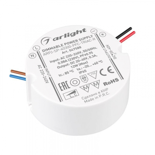 Блок питания ARPJ-SP-40300-PFC-TRIAC-R (12Вт 20-40В 300мА) IP65 пластик Arlight 047588 Блок питания ARPJ-SP-40300-PFC-TRIAC-R (12Вт 20-40В 300мА) IP65 пластик Arlight 047588