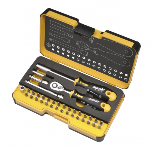 Набор бит SL/HEX/PH/PZ/Tx/SQ/SPANNER/BH/MS с трещоткой и отвертка с держателем бит ERGONIC в кейсе 36 бит FELO 05783606 Набор бит SL/HEX/PH/PZ/Tx/SQ/SPANNER/BH/MS с трещоткой и отвертка с держателем бит ERGONIC в кейсе 36 бит FELO 05783606
