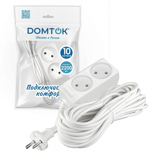 Удлинитель 2х10м без заземл. 10А IP20 2.2кВт ПВС 2х1 бел. DOMTOK 2345 фото 2
