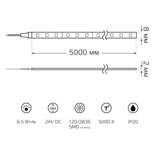 Лента светодиодная Black 2835/120-SMD 6.5Вт/м 5000К холод. бел. IP20 600лм/м 24В (блист.5м) GAUSS 312000265 фото 8