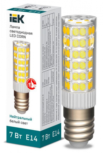Лампа светодиодная Corn 7Вт капсульная 4000К нейтр. бел. E14 230В керамика IEK LLE-Corn-7-230-40-E14 Лампа светодиодная Corn 7Вт капсульная 4000К нейтр. бел. E14 230В керамика IEK LLE-Corn-7-230-40-E14