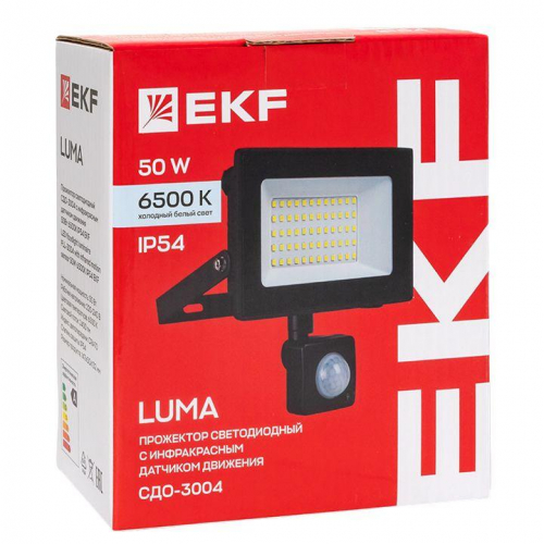 Прожектор светодиодный СДО-3004 50Вт 6500К IP54 с инфракрасным датчиком движения EKF FLL-3004-50D-6500 фото 2