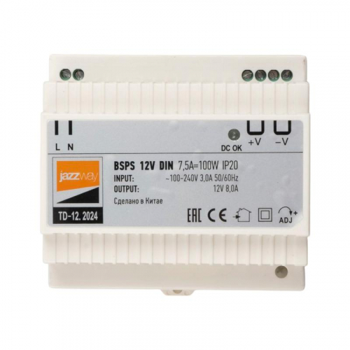Блок питания для светодиодной ленты BSPS DIN 12В 7.5А=100Вт PL IP20 Pro+ JazzWay 5049987 Блок питания для светодиодной ленты BSPS DIN 12В 7.5А=100Вт PL IP20 Pro+ JazzWay 5049987