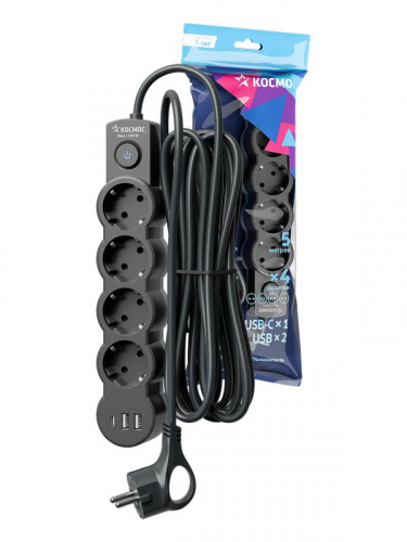 Удлинитель 4х5м с заземл. 10А IP20 USB type-Aх2 + type-C 2500Вт 220В ПВС 3х1 с выкл. черн. КОСМОС YKsm5m4g-Z-VU10А-B Удлинитель 4х5м с заземл. 10А IP20 USB type-Aх2 + type-C 2500Вт 220В ПВС 3х1 с выкл. черн. КОСМОС YKsm5m4g-Z-VU10А-B