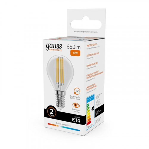 Лампа светодиодная филаментная Filament Elementary 10Вт шар 2700К Е14 650лм GAUSS 52110 фото 3 Лампа светодиодная филаментная Filament Elementary 10Вт шар 2700К Е14 650лм GAUSS 52110 фото 3