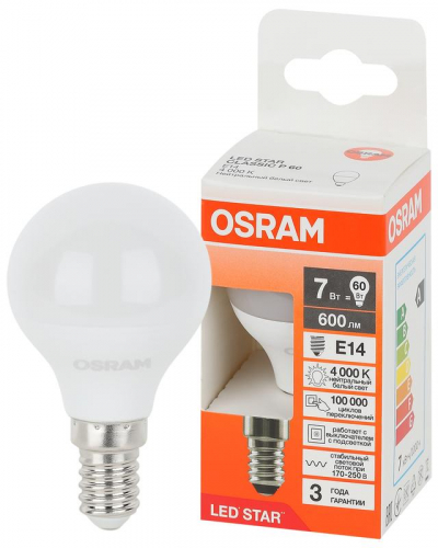 Лампа светодиодная LED Star 7Вт шар 4000К E14 600лм (замена 60Вт) OSRAM 4058075695955 Лампа светодиодная LED Star 7Вт шар 4000К E14 600лм (замена 60Вт) OSRAM 4058075695955