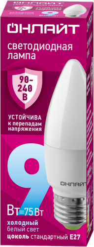 Лампа светодиодная 90 414 OLL-C37-9-230-6.5K-E27-FR ОНЛАЙТ 90414