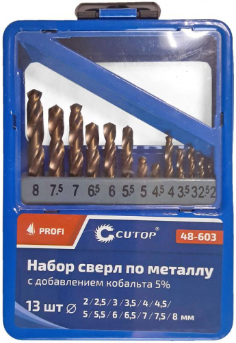Набор сверл по металлу ПРОФИ/Profi 2-8мм (через 0.5мм) с кобальтом 5% в метал. коробке (13 предметов) Cutop 48-603 Набор сверл по металлу ПРОФИ/Profi 2-8мм (через 0.5мм) с кобальтом 5% в метал. коробке (13 предметов) Cutop 48-603