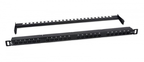 Патч-панель 19дюйм 0.5U 24 порта RJ45 кат.6A Dual IDC 180град. высокой плотности с задн. кабельн. организатором Cabeus 9665c