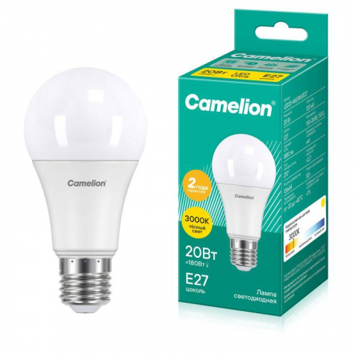 Лампа светодиодная LED20-A65/830/E27 20Вт грушевидная матовая 3000К тепл. бел. E27 170-265В Camelion 13164