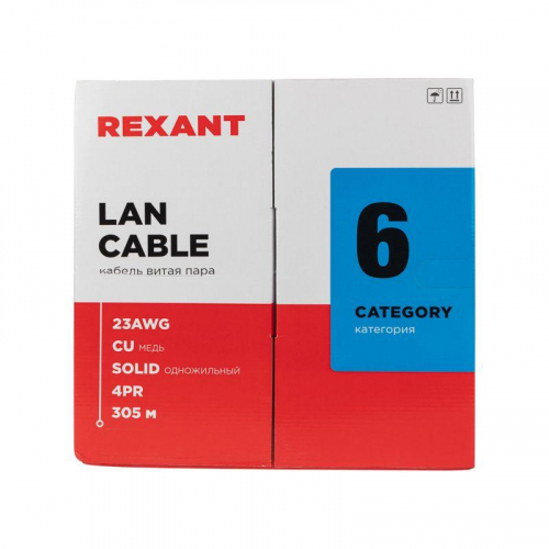Кабель витая пара U/UTP кат.6 4х2х23AWG CU LSZH нг(А)-HF INDOOR SOLID сер. (305м) Rexant 01-0067 фото 3 Кабель витая пара U/UTP кат.6 4х2х23AWG CU LSZH нг(А)-HF INDOOR SOLID сер. (305м) Rexant 01-0067 фото 3