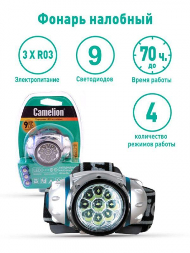 Фонарь налобный LED 5323-19Mx 19 ультра-ярких LED 4 режима 3хR03 (в компл.) металлик Camelion 8138 фото 8