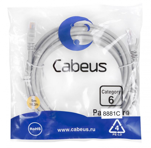 Патч-корд U/UTP кат.6 PC-UTP-RJ45-Cat.6-5m-LSZH 2xRJ45/8p8c неэкранир. LSZH 5м сер. Cabeus 8881c Патч-корд U/UTP кат.6 PC-UTP-RJ45-Cat.6-5m-LSZH 2xRJ45/8p8c неэкранир. LSZH 5м сер. Cabeus 8881c