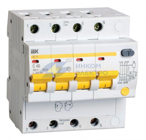 Выключатель автоматический дифференциального тока 4п C 40А 300мА тип AC 4.5кА АД-14 IEK MAD10-4-040-C-300