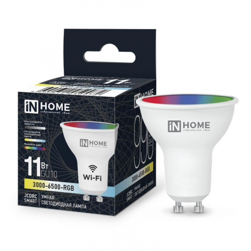 Лампа светодиодная LED-JCDRC-RGBW-SMART 11Вт 3000-6500К GU10 990лм 230В димм. IN HOME 4690612050072