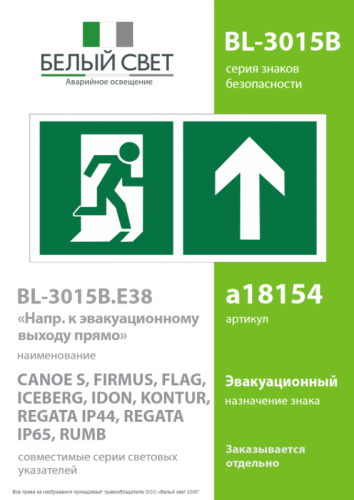 Знак безопасности BL-3015B.E38"Напр. к эвакуационному выходу прямо" Белый свет a18154 фото 2