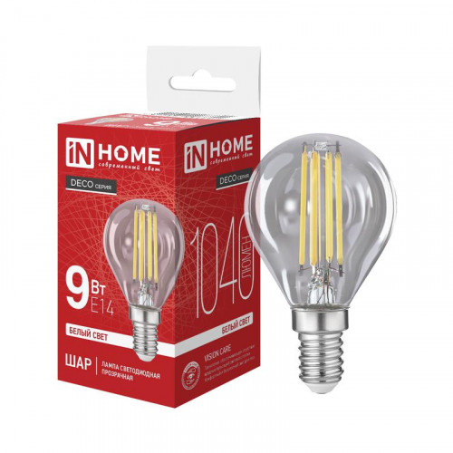 Лампа светодиодная LED-ШАР-deco 9Вт шар прозрачная 4000К E14 1040лм 230В IN HOME 4690612063324 Лампа светодиодная LED-ШАР-deco 9Вт шар прозрачная 4000К E14 1040лм 230В IN HOME 4690612063324