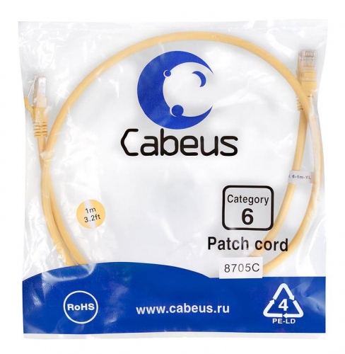 Патч-корд U/UTP кат.6 PC-UTP-RJ45-Cat.6-1m-YL 2xRJ45/8p8c неэкранир. PVC 1м желт. Cabeus 8705c